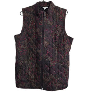 J.Jill Heritage Quilted Vest Wm MediumBrown Burgundy Paisley Zip Front Pocket